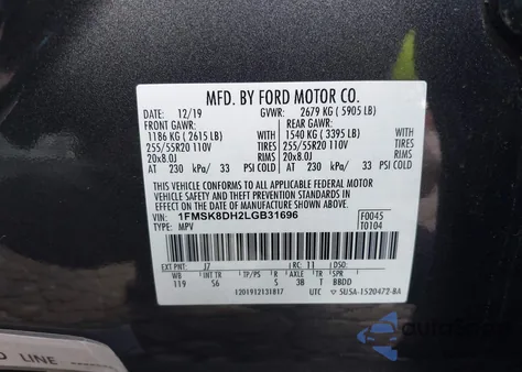 2020 Ford Explorer Xlt z USA, uszkodzony, nr VIN 1FMSK8DH2LGB31696